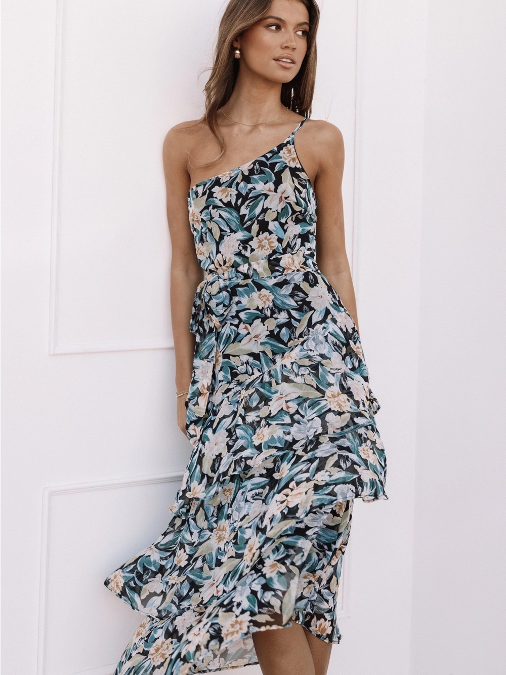 Petal & Pup Navy Floral One-Shoulder Ruffle Midi Dress